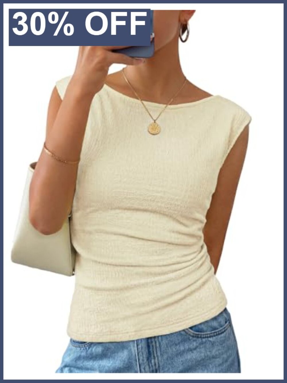 Women's Sleeveless Ruched Tank Top Boat Neck Slim Fit Summer Blouse